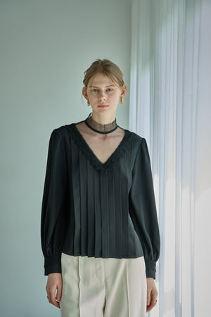 Sheer Tucked Blouse <br> -Black-
