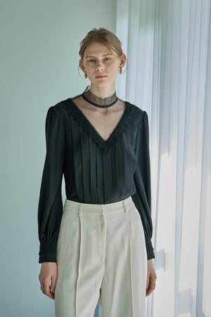 Sheer Tucked Blouse <br> -Black-