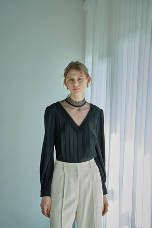 Sheer Tucked Blouse <br> -Black-