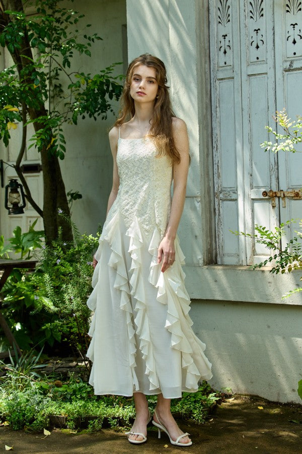 Ruffle Flow Dress <br> -Ivory-