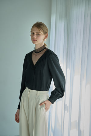 Sheer Tucked Blouse <br> -Black-