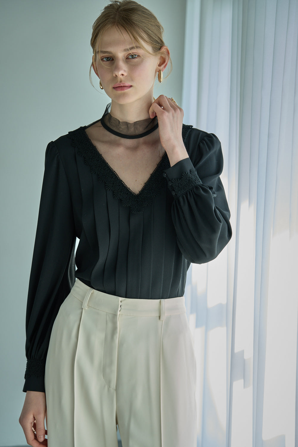 Sheer Tucked Blouse <br> -Black-