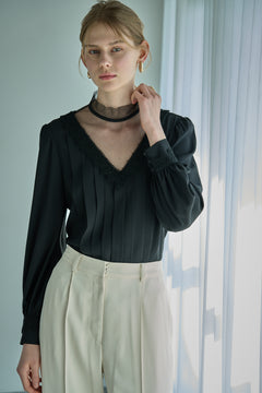 Sheer Tucked Blouse <br> -Black-