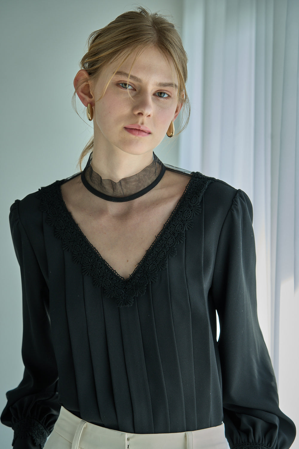 Sheer Tucked Blouse <br> -Black-