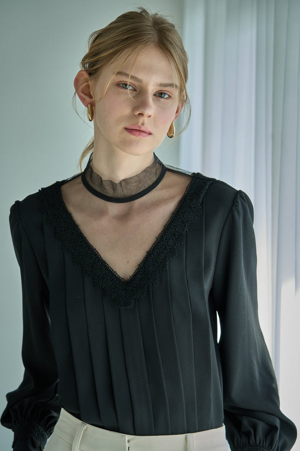 Sheer Tucked Blouse <br> -Black-