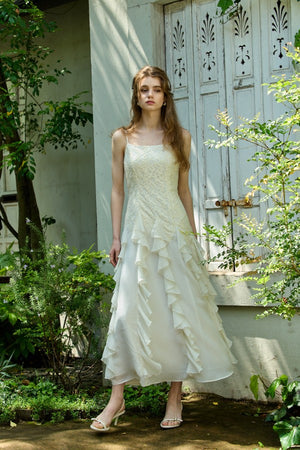 Ruffle Flow Dress <br> -Ivory-