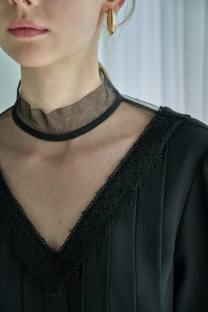 Sheer Tucked Blouse <br> -Black-