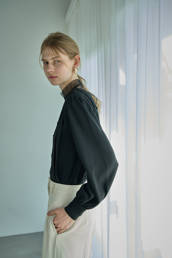 Sheer Tucked Blouse <br> -Black-