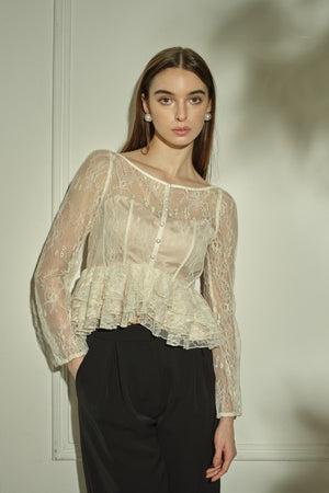 9/8 19時予約開始<br>Sheer Lace Peplum Top <br> -Off white-