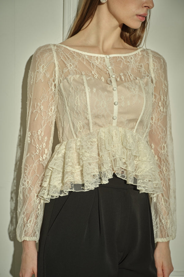 9/8 19時予約開始<br>Sheer Lace Peplum Top <br> -Off white-