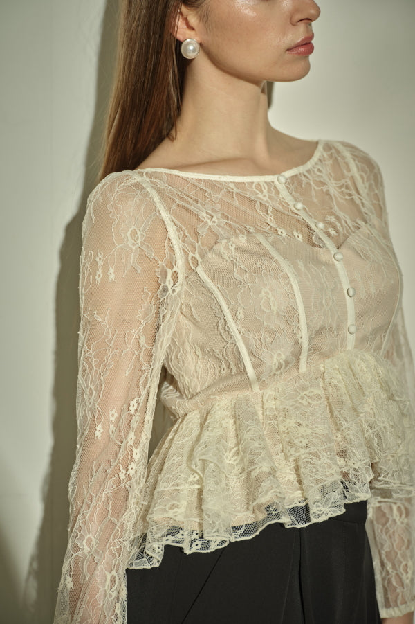 9/8 19時予約開始<br>Sheer Lace Peplum Top <br> -Off white-