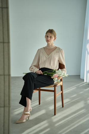 Sheer Tucked Blouse <br> -Beige-