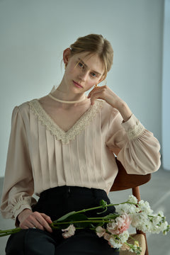 Sheer Tucked Blouse <br> -Beige-