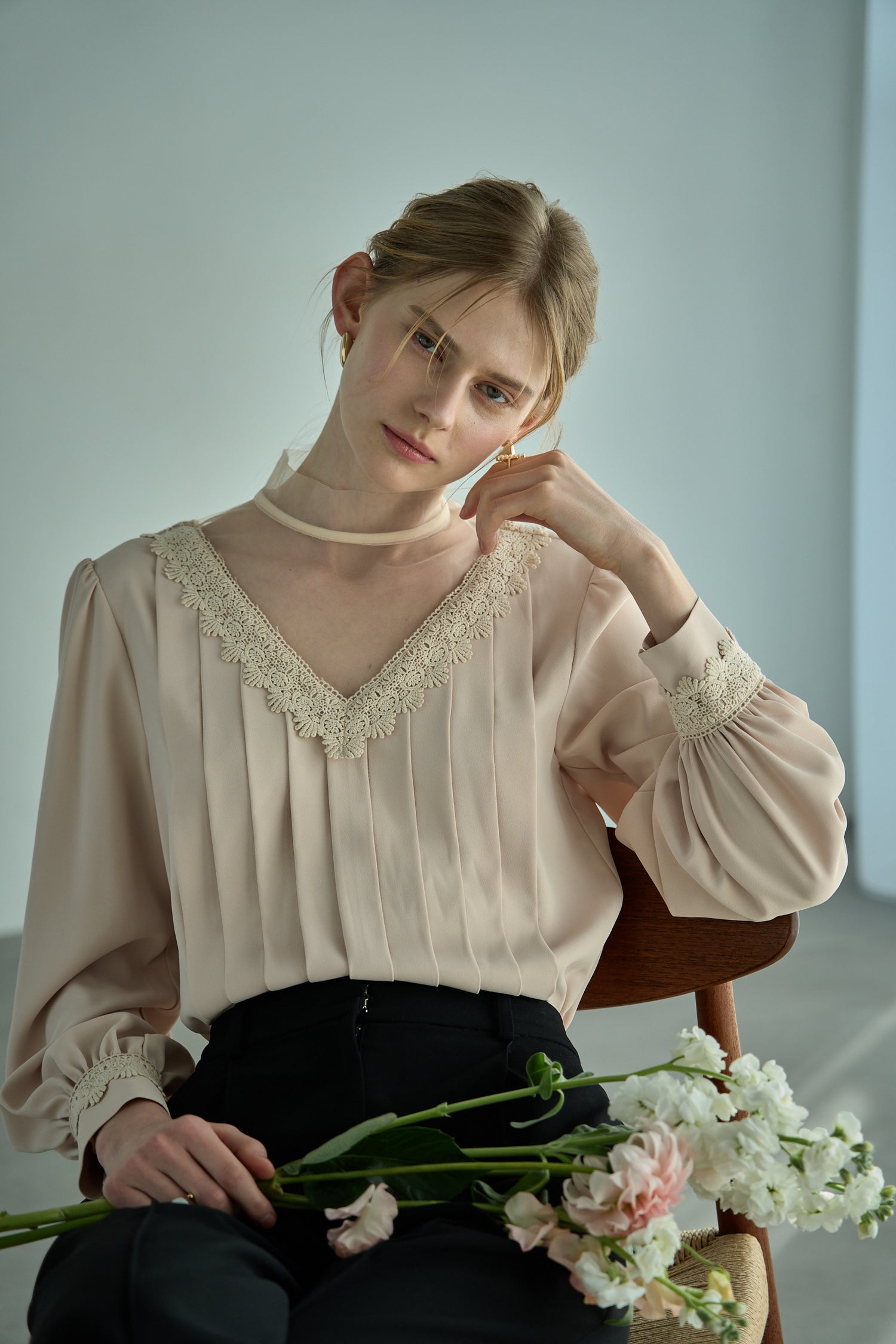 Sheer Tucked Blouse <br> -Beige-