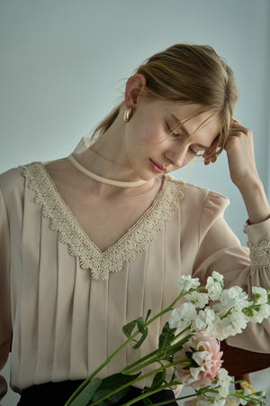 Sheer Tucked Blouse <br> -Beige-