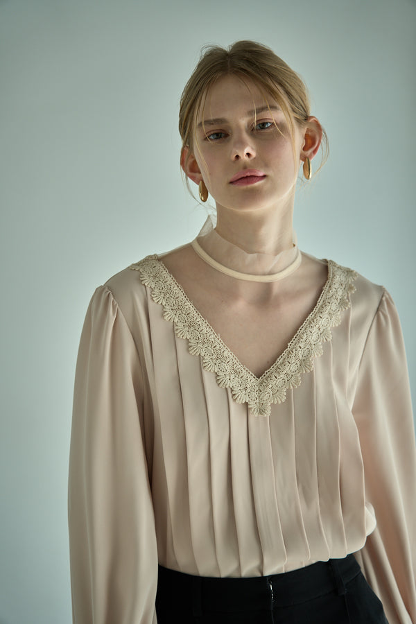 Sheer Tucked Blouse <br> -Beige-