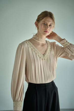 Sheer Tucked Blouse <br> -Beige-