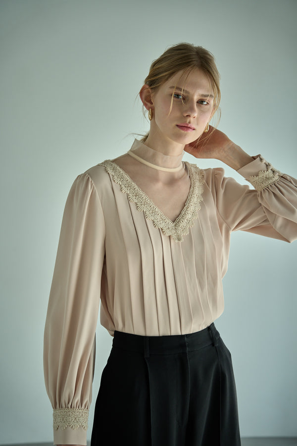 Sheer Tucked Blouse <br> -Beige-