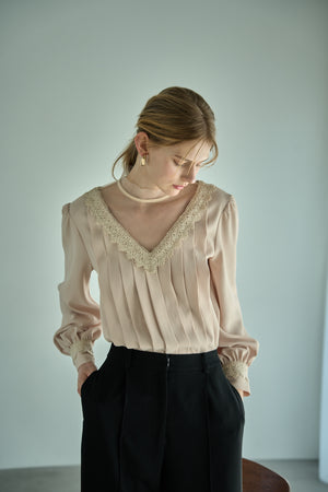 Sheer Tucked Blouse <br> -Beige-
