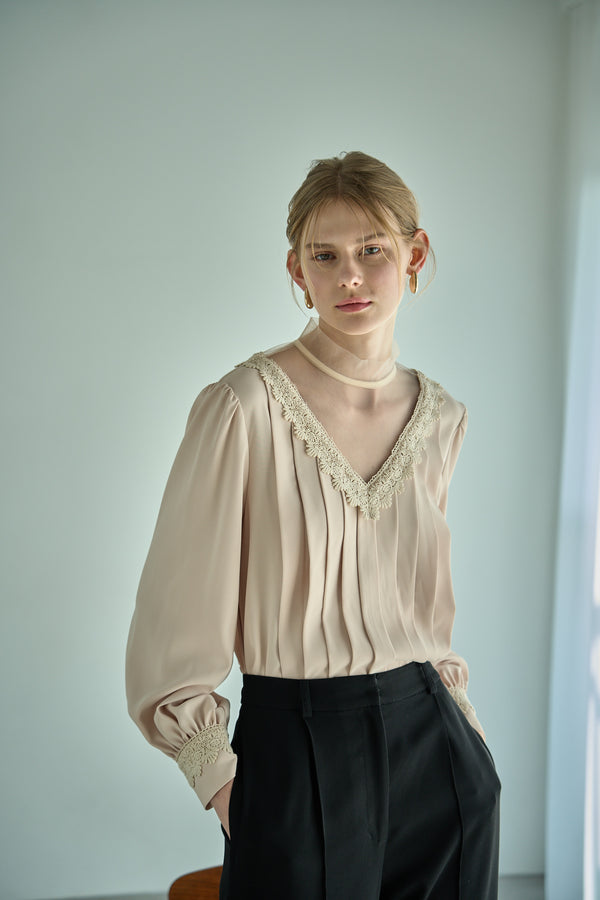 Sheer Tucked Blouse <br> -Beige-