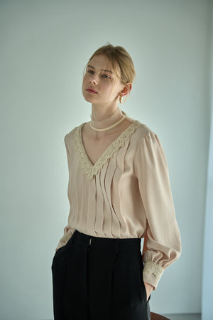 Sheer Tucked Blouse <br> -Beige-