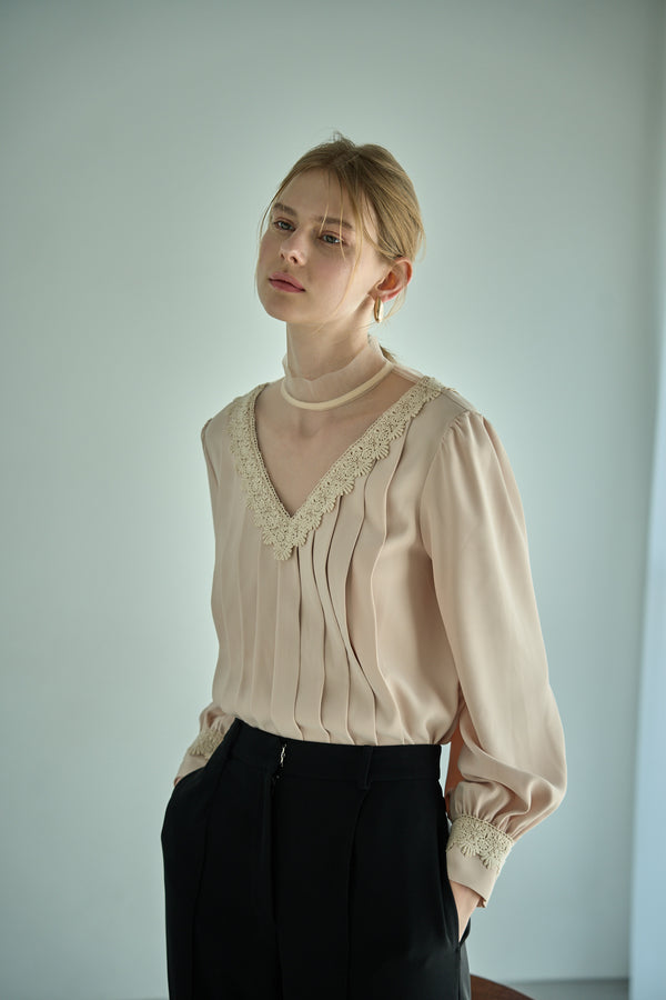 Sheer Tucked Blouse <br> -Beige-