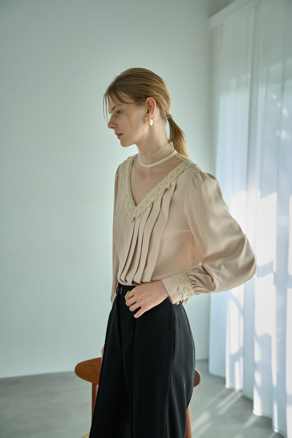 Sheer Tucked Blouse <br> -Beige-