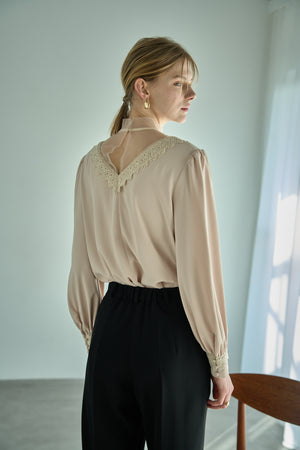 Sheer Tucked Blouse <br> -Beige-