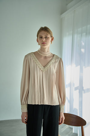 Sheer Tucked Blouse <br> -Beige-