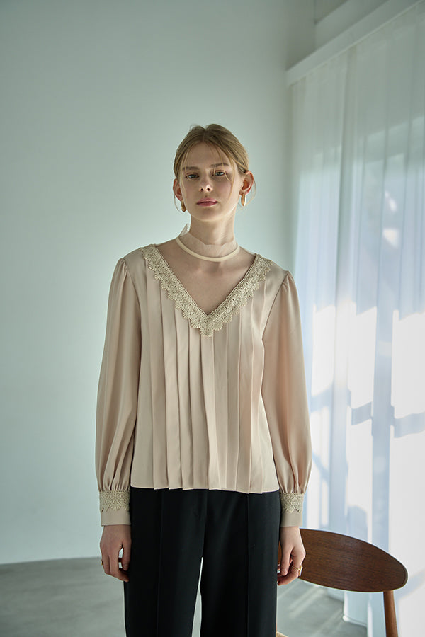 Sheer Tucked Blouse <br> -Beige-