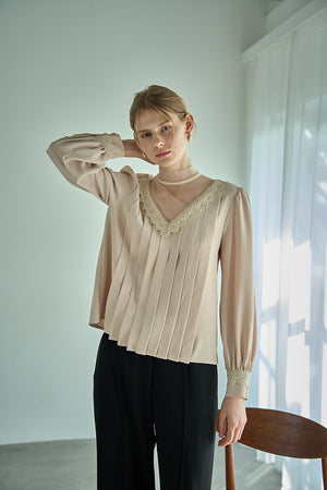 Sheer Tucked Blouse <br> -Beige-