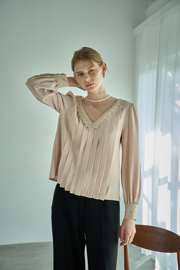 Sheer Tucked Blouse <br> -Beige-