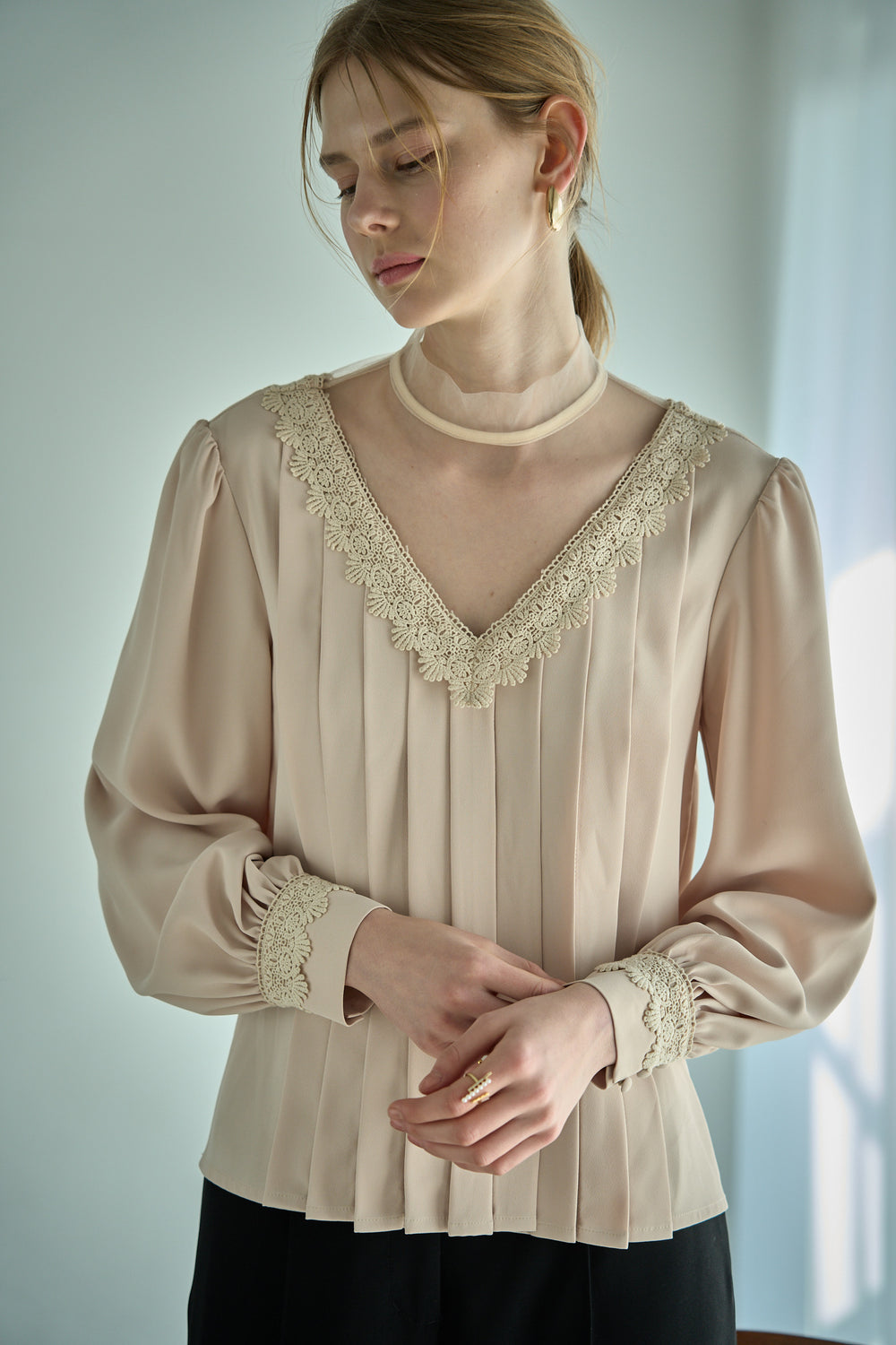 Sheer Tucked Blouse <br> -Beige-