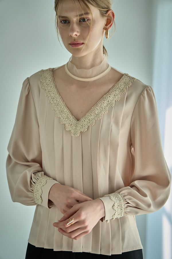 Sheer Tucked Blouse <br> -Beige-