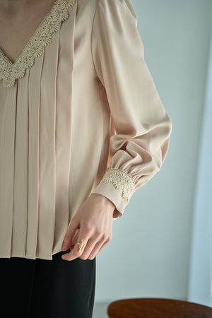 Sheer Tucked Blouse <br> -Beige-