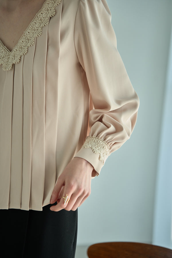 Sheer Tucked Blouse <br> -Beige-