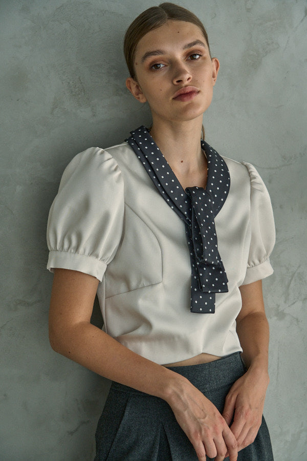 Satin Bow Neck Top <br> -Ivory-