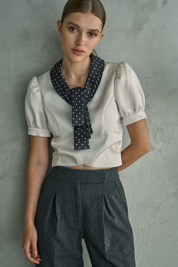 Satin Bow Neck Top <br> -Ivory-