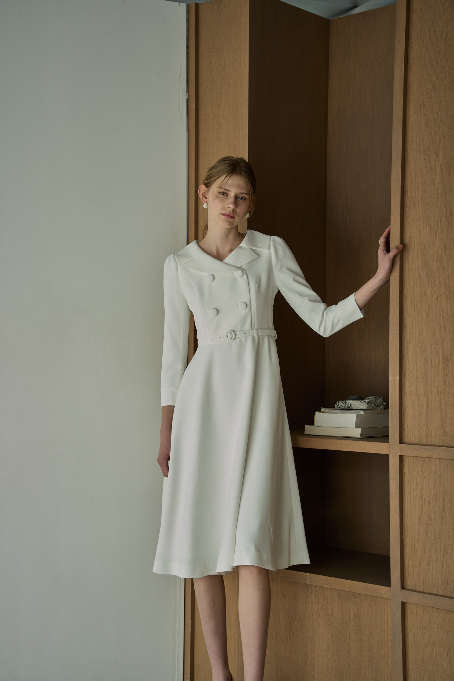 Double-Breasted Midi One Piece <br> -White-