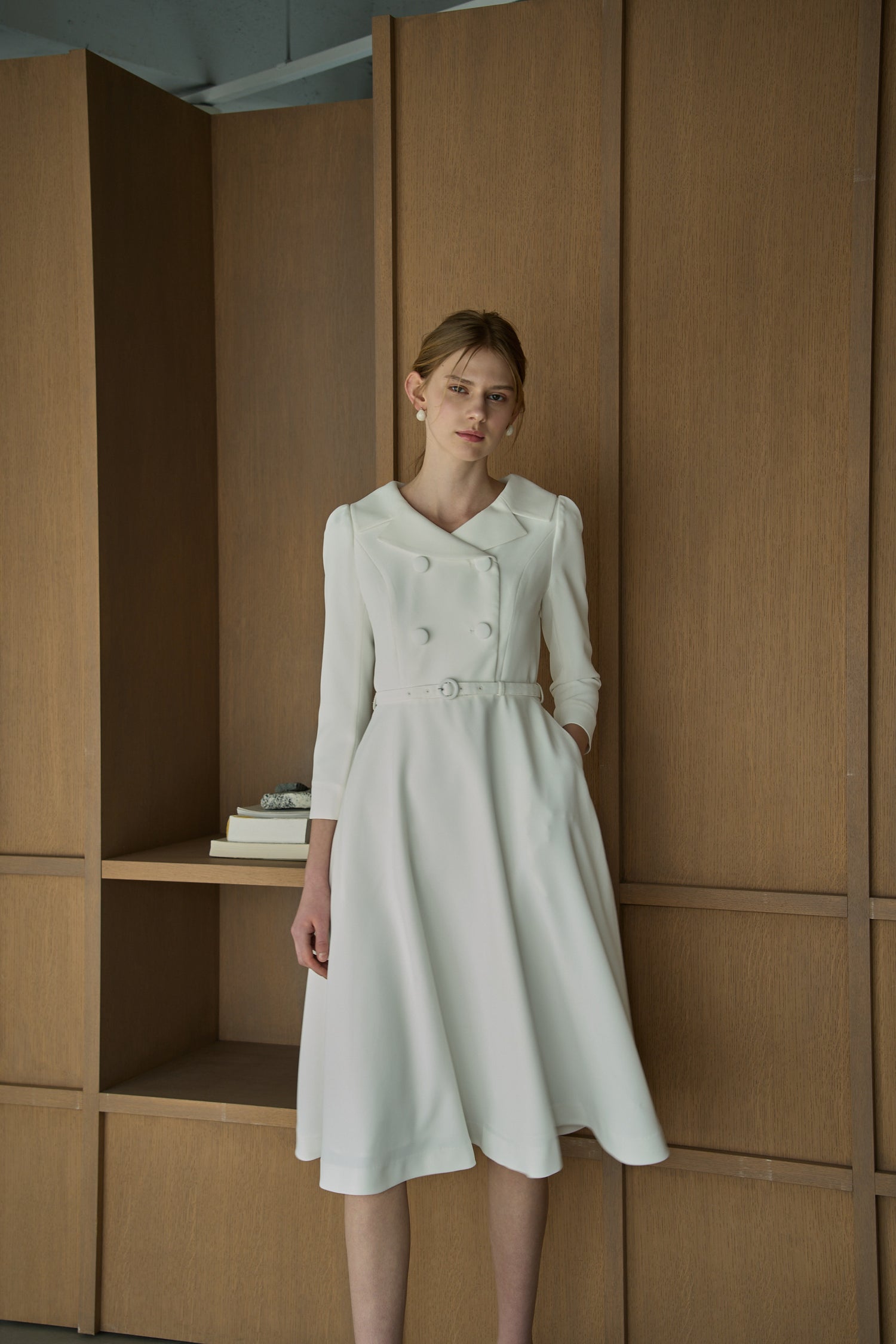 Double-Breasted Midi One Piece <br> -White-