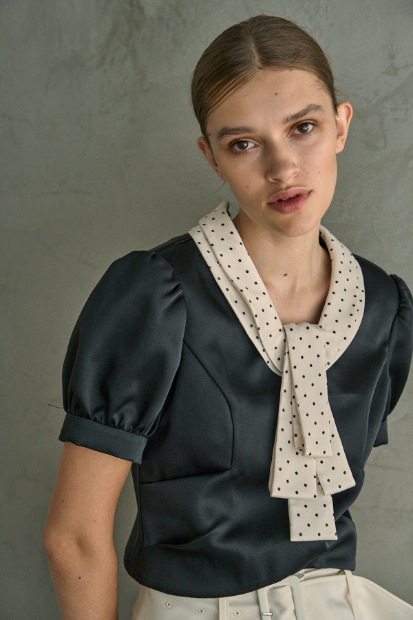 Satin Bow Neck Top <br> -Black-