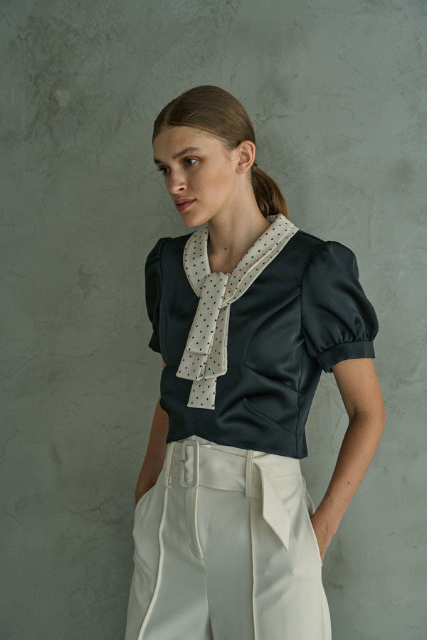 Satin Bow Neck Top <br> -Black-