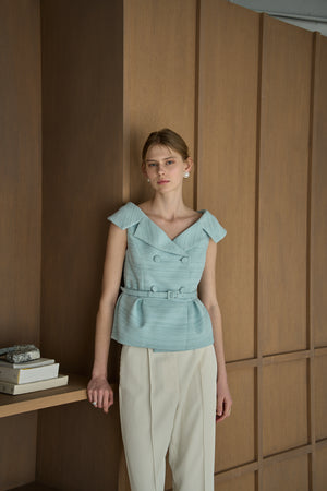 Wide Collar Off-Shoulder Top 2 <br> -Light blue-