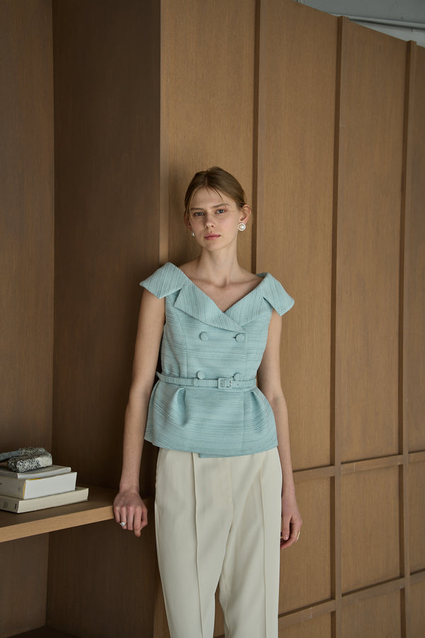 Wide Collar Off-Shoulder Top 2 <br> -Light blue-