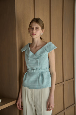Wide Collar Off-Shoulder Top 2 <br> -Light blue-