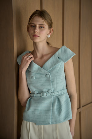 Wide Collar Off-Shoulder Top 2 <br> -Light blue-