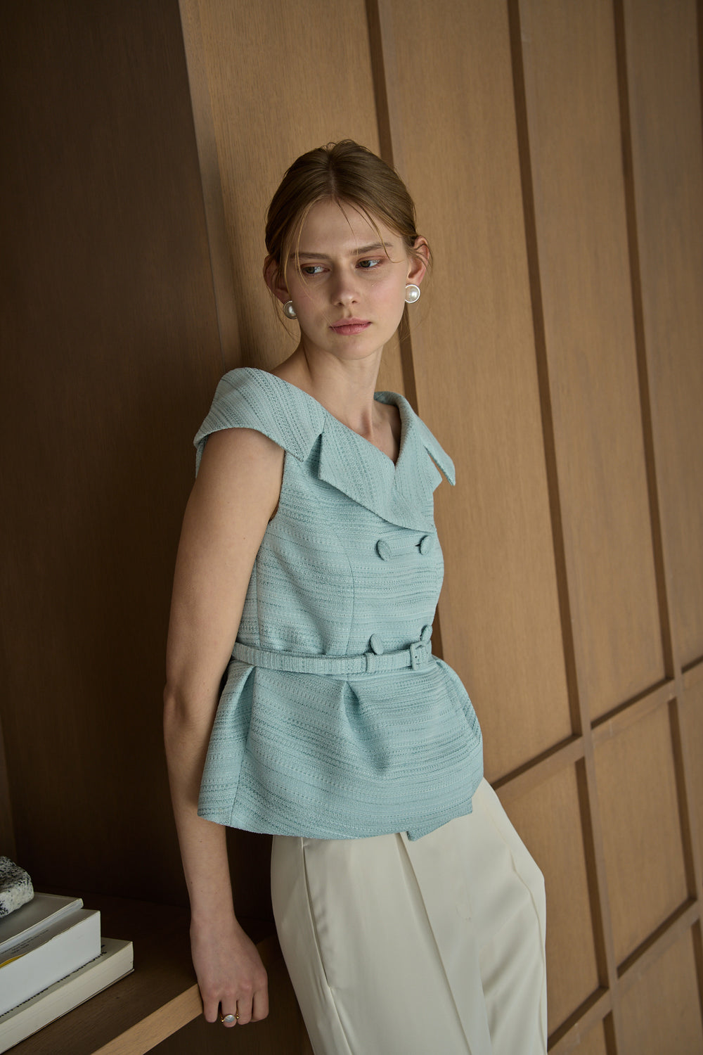 Wide Collar Off-Shoulder Top 2 <br> -Light blue-