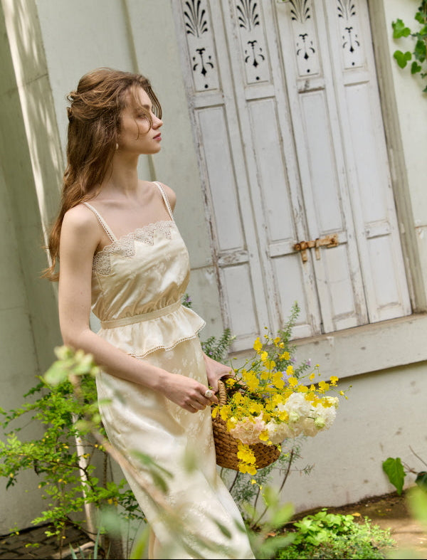 Satin Jacquard Camisole One-piece <br> -Ivory-