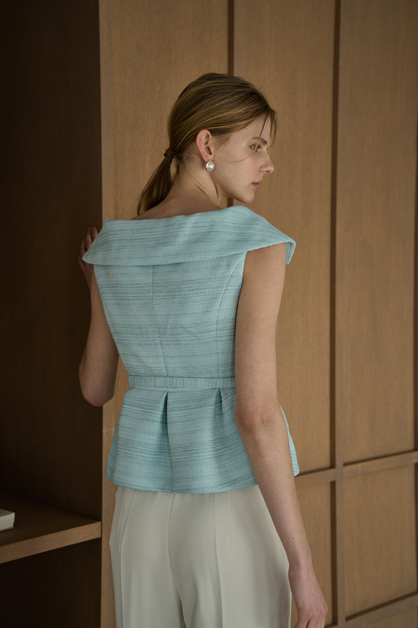 Wide Collar Off-Shoulder Top 2 <br> -Light blue-