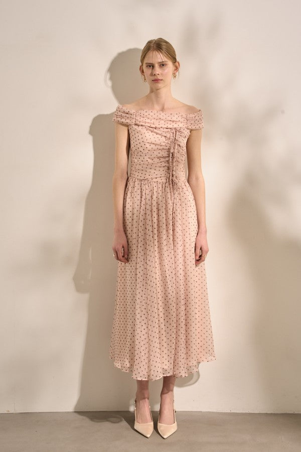 Asymmetric Off-Shoulder Drape One Piece <br> -Mauve×br dot-